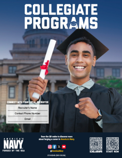 Brochure for parents and teachers outlining U.S. Navy financial programs for college students in STEM and medical fields to complete their degrees and commission as specialized Navy officers.