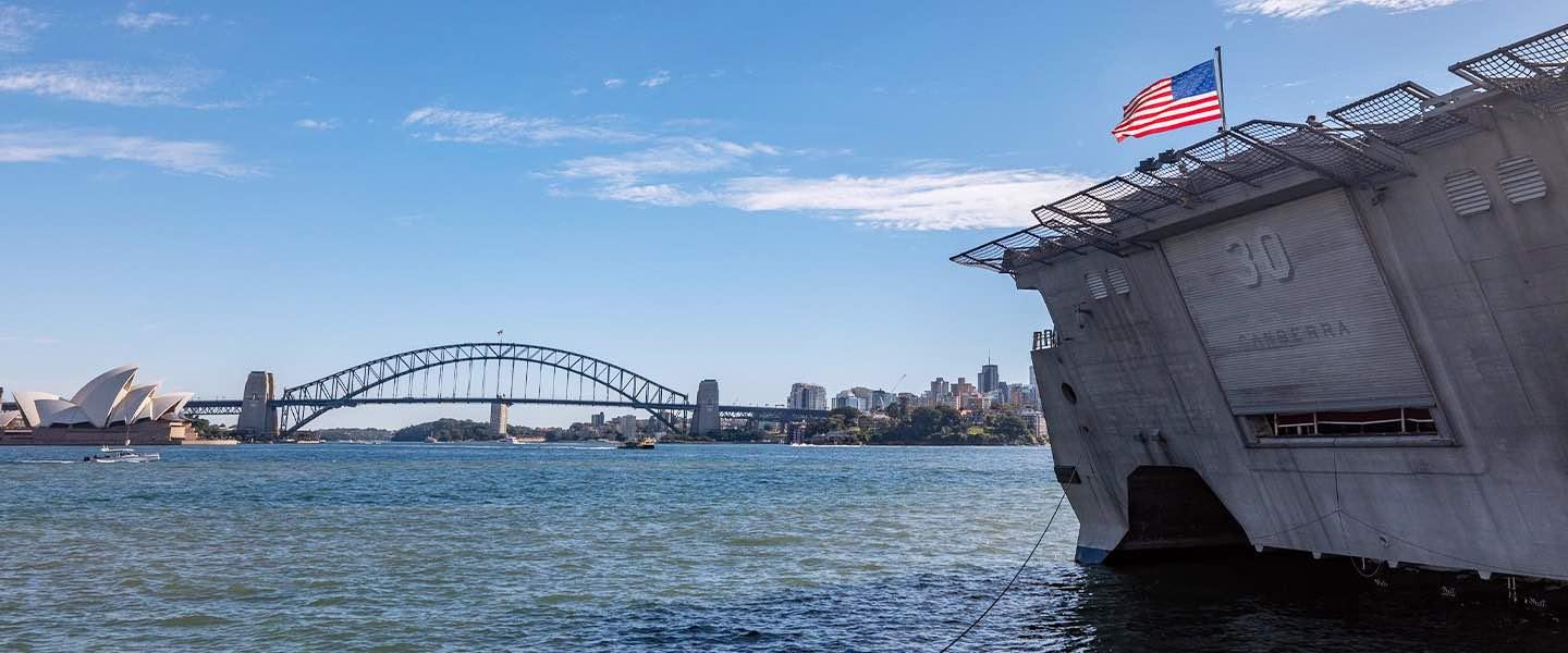 The USS Canberra (LCS 30) passes through Sydney, Australia.